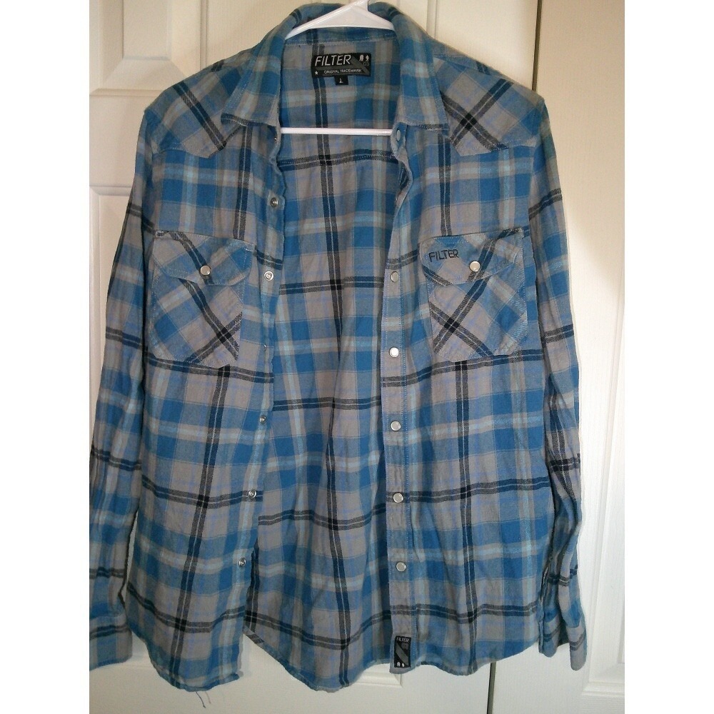 Filter Plaid Flannel Western Shirt Long Sleeve Button Up Blue Gray L